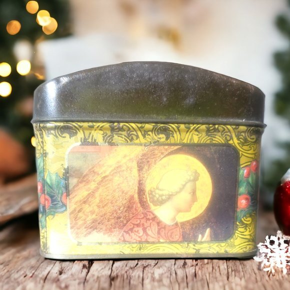Hinged Vintage Christmas Tin Box with Angel and Mandolin on the Lid - Picture 8 of 9